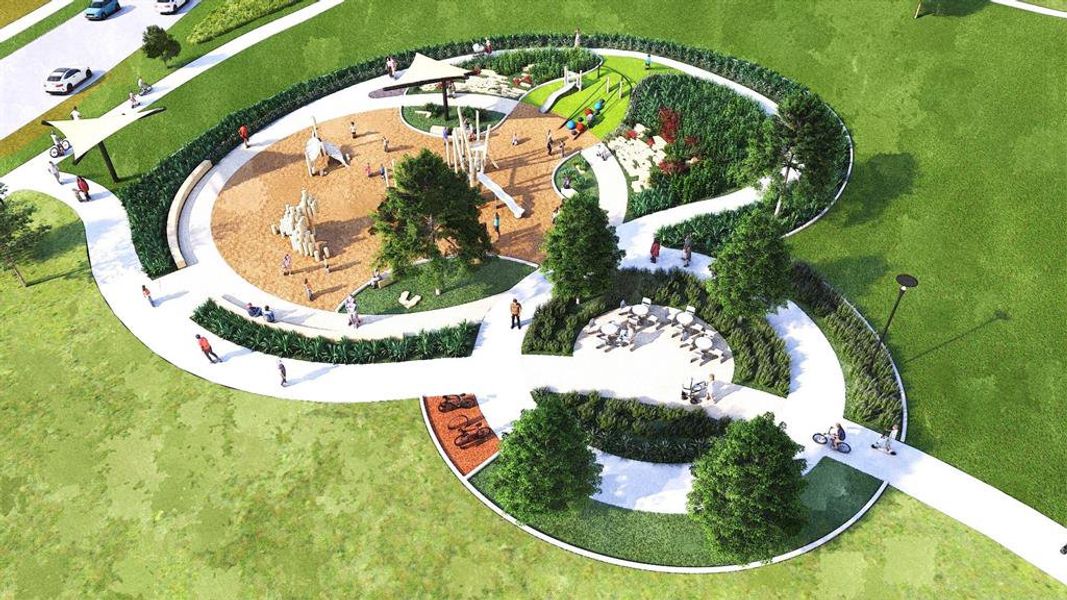 Expansive park area featuring a playground with soft ground cover, winding paved pathways, mature trees, landscaped shrubbery, and designated seating areas Expansive park area featuring a playground with soft ground cover, winding paved pathways, mature trees, landscaped shrubbery, and designated seating areas