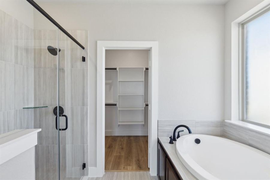 Bathroom featuring a healthy amount of sunlight, a stall shower, and a spacious closet