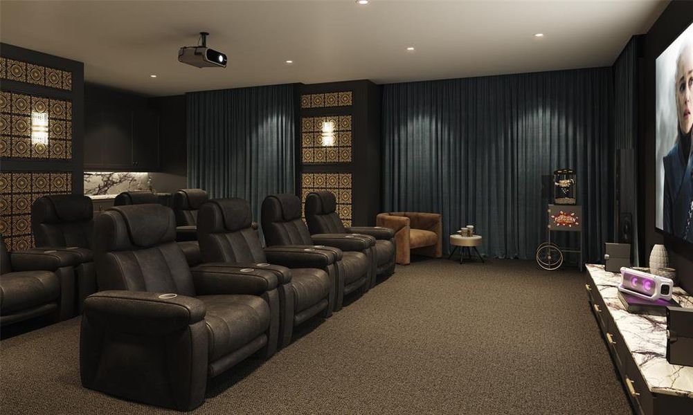 Spacious second story room. In this rendering the space is staged as a theater room but this very large, open space can be used however you see fit. Turn it into a fun game room for entertaining or a gigantic kids play area. Built in wet bar.