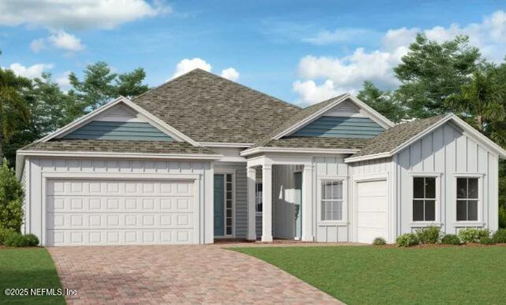 Front exterior of a new home in Silver Meadows at SilverLeaf: Silver Meadows 60s, St. Augustine, FL, highlighting curb appeal (Image 2).