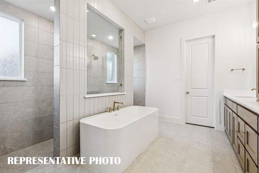Our Addison III plan offers our signature owner's bath with freestanding tube and double walk through shower!  REPRESENTATIVE PHOTO