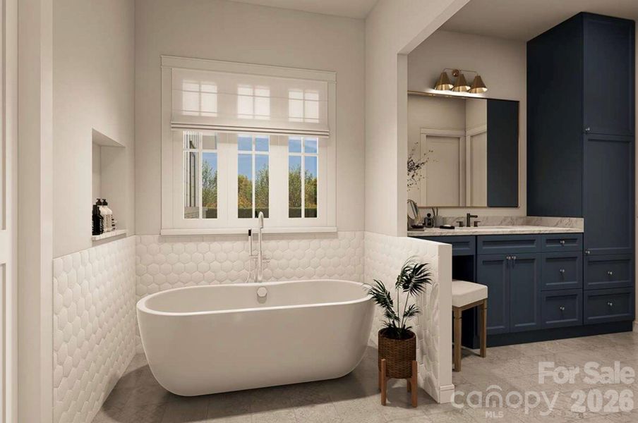 This luxurious bathroom features a deep soaking tub beneath a wide window with soft Roman shades, offering natural light and privacy. This luxurious bathroom features a deep soaking tub beneath a wide window with soft Roman shades, offering natural light and privacy.