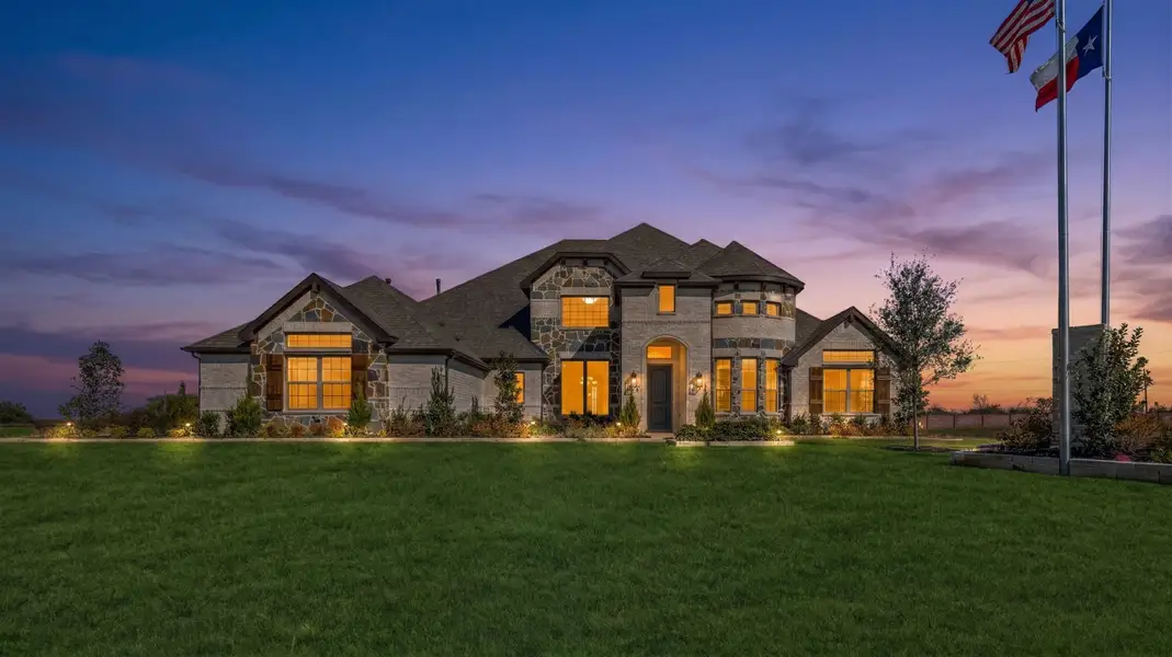 Front exterior of a new home in Levante, Waxahachie, TX, highlighting curb appeal (Image 2). Front exterior of a new home in Levante, Waxahachie, TX, highlighting curb appeal (Image 2).