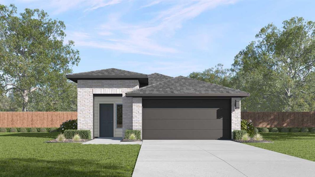 Front exterior of a new home in Southgrove, Kyle, TX, highlighting curb appeal (Image 1).