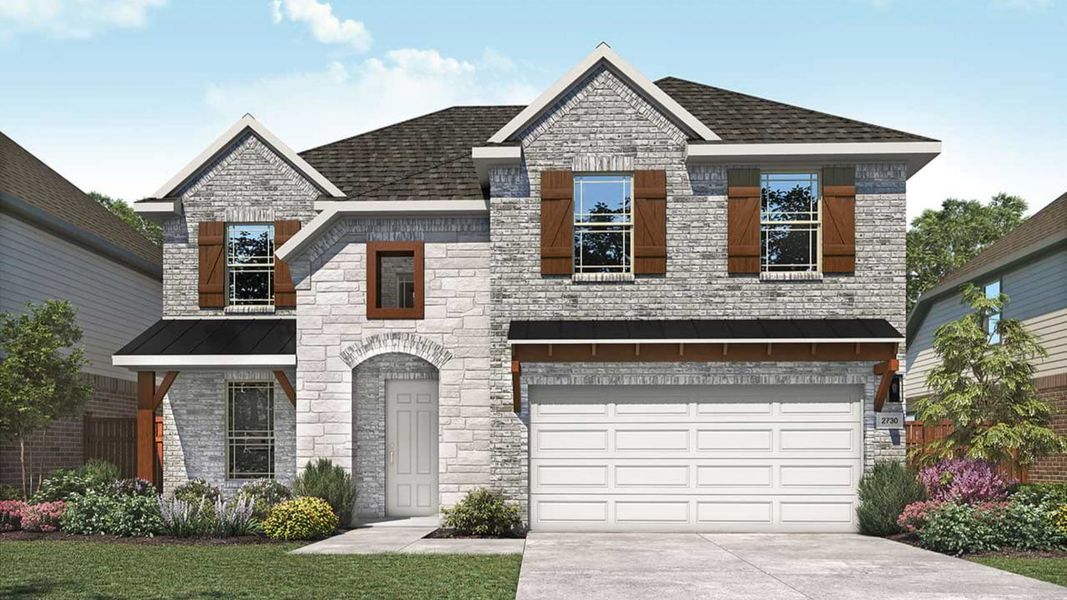 Representative exterior photo of a completed home built from the Mimosa by DRB Homes in Anthem, Kyle, TX (Image 2).