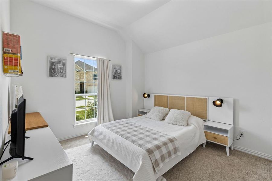 Carpeted room featuring a vaulted ceiling and a double-pane window