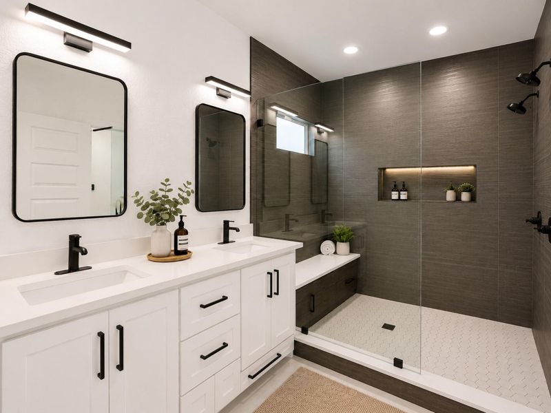 Primary bathroom featuring a spacious double vanity, sleek black finishes, and an oversized walk in shower with dual showerheads and built in bench seating.