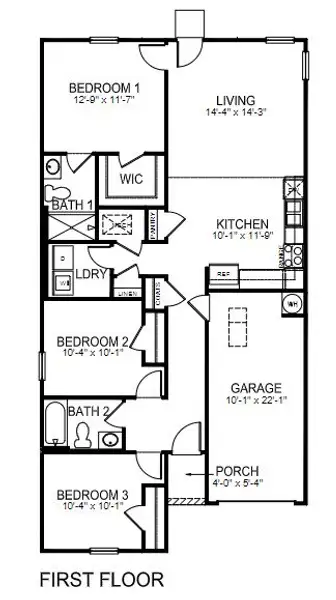 2D floor plan layout for the SANFORD by D.R. Horton in Stone Creek, Clinton, SC (Image 3).