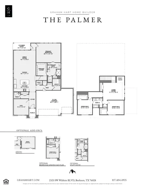 2D floor plan layout for the Palmer by Graham Hart Home Builder in Bear Ridge, Burleson, TX (Image 3).