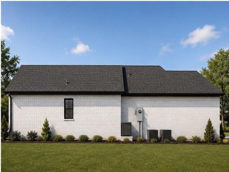 White brick exterior with a dark asphalt shingle roof