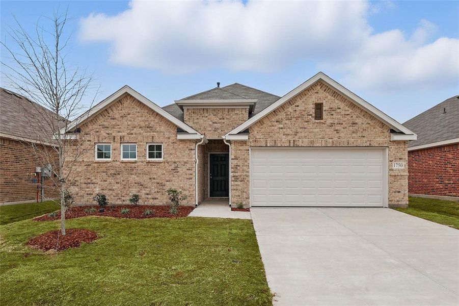 View of front of property featuring an attached garage, a front lawn, brick siding, and driveway View of front of property featuring an attached garage, a front lawn, brick siding, and driveway