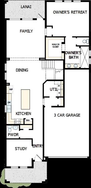 2D floor plan layout of this home in Oakfield at Mount Dora Cottage Series, Mount Dora, FL (Image 2).