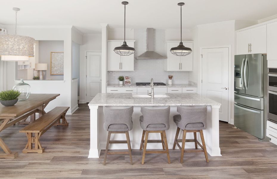 A bright, gourmet kitchen equipped with pendant lighting fixtures and beautiful hardwood flooring. A bright, gourmet kitchen equipped with pendant lighting fixtures and beautiful hardwood flooring.