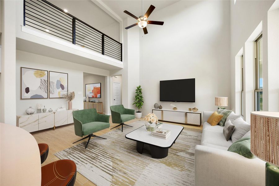 This view of the Family Room features the overlooking balcony with a sleek black horizontal railing emphasize the vertical space and modern architectural lines. *Virtually Staged This view of the Family Room features the overlooking balcony with a sleek black horizontal railing emphasize the vertical space and modern architectural lines. *Virtually Staged