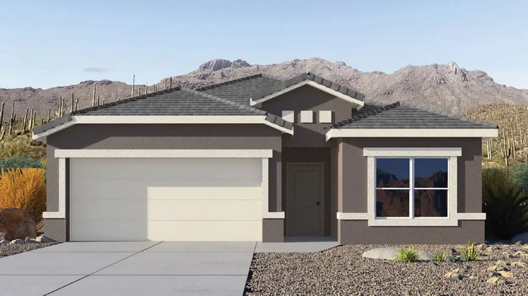 Front exterior of a new home in Saguaro Bloom, Marana, AZ, highlighting curb appeal (Image 1). Front exterior of a new home in Saguaro Bloom, Marana, AZ, highlighting curb appeal (Image 1).