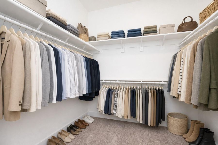 Wow! This primary carpeted walk-in closet is the answer to your storing and organizing dreams, all in one amazing place! Virtually staged. Wow! This primary carpeted walk-in closet is the answer to your storing and organizing dreams, all in one amazing place! Virtually staged.