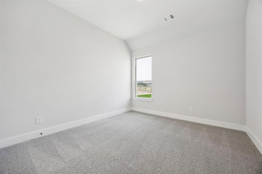 Carpeted empty room with baseboards and lofted ceiling
