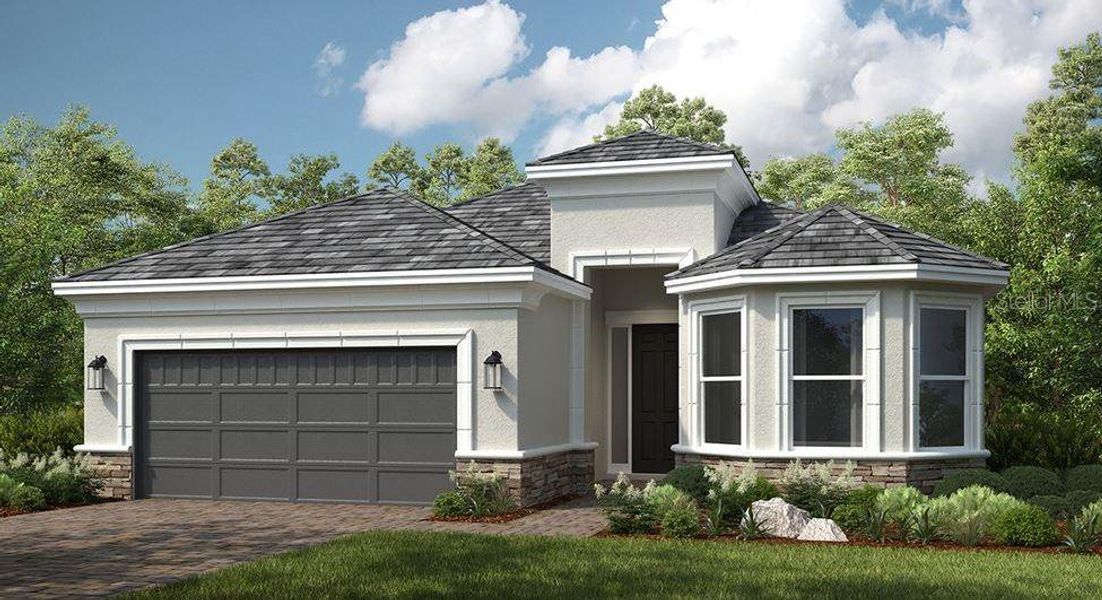 Front exterior of a new home in Esplanade at Wiregrass Ranch, Wesley Chapel, FL, highlighting curb appeal (Image 1).
