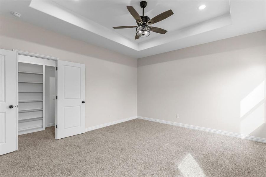 Unfurnished bedroom featuring carpet floors, a walk in closet, ceiling fan, a raised ceiling, and a closet Unfurnished bedroom featuring carpet floors, a walk in closet, ceiling fan, a raised ceiling, and a closet