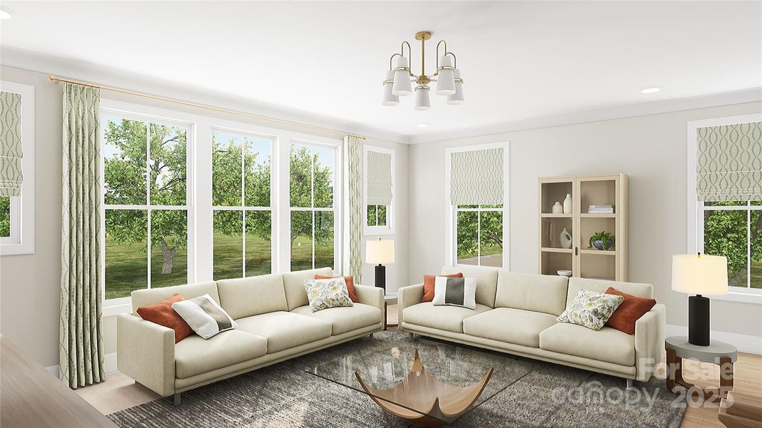 Great Room Featuring Wall of Windows and 9' Ceiling. *Virtual Rendering | Actual Finishes, Structural Selections, and Orientation May Vary.