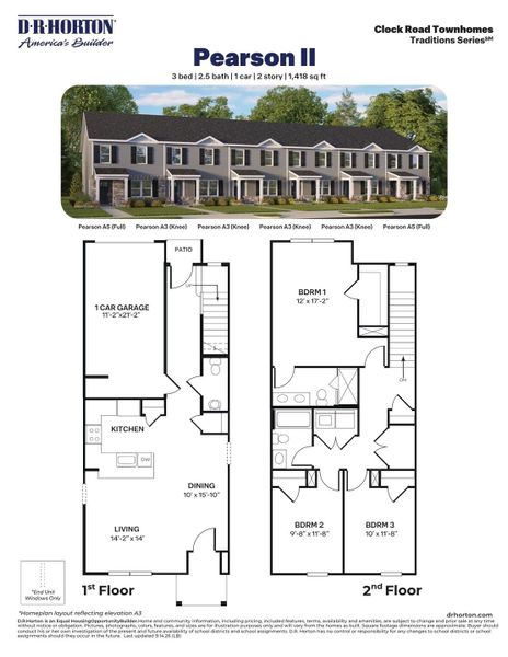 2D floor plan layout for the Pearson II by D.R. Horton in Clock Road Townhomes, New Bern, NC (Image 5).