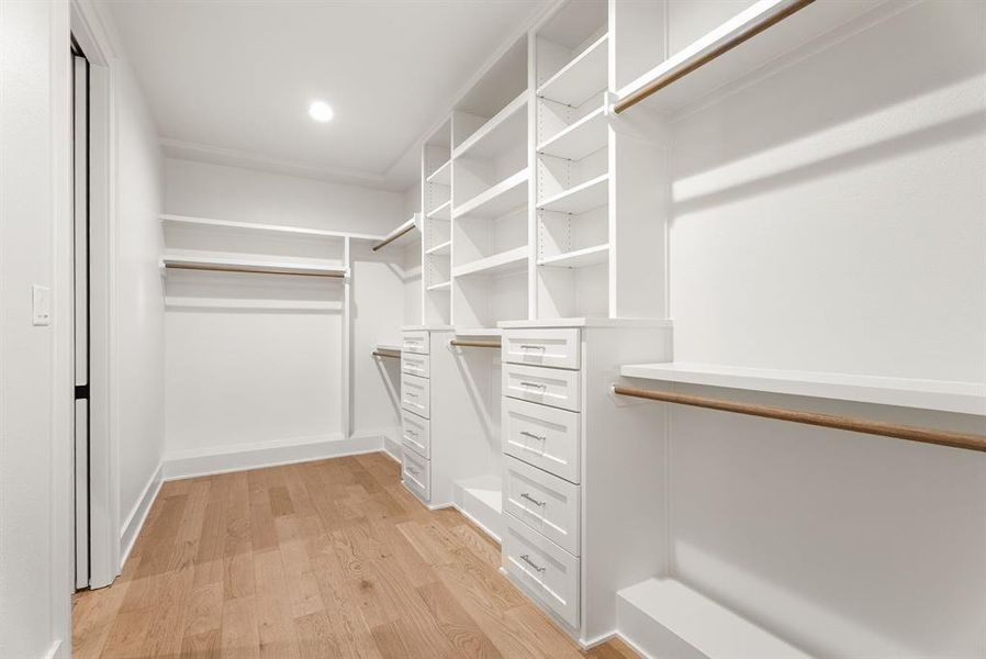Spacious closet featuring light wood-type flooring