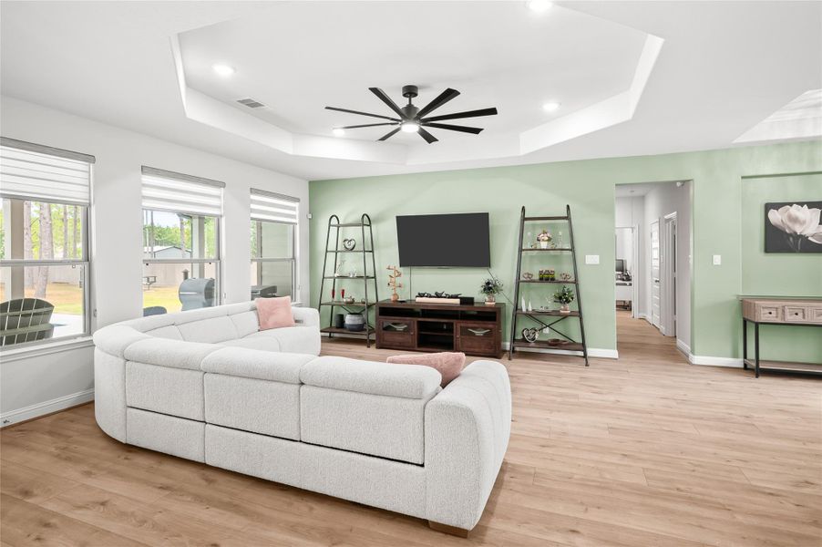 The family room with tray ceiling and an oversized modern ceiling fan.