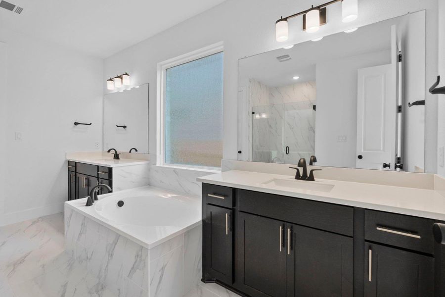 Primary Bath retreat with dual vanities & garden tub