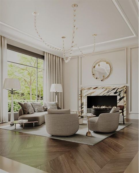 Rendering of formal living room virtually staged.