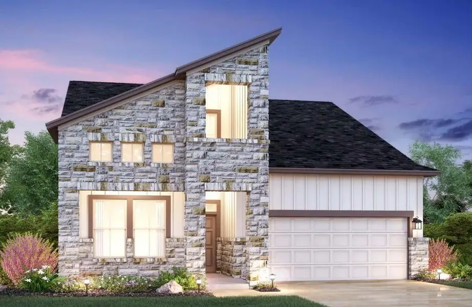 Front exterior of a new home in Estancia West, Manchaca, TX, highlighting curb appeal (Image 2). Front exterior of a new home in Estancia West, Manchaca, TX, highlighting curb appeal (Image 2).