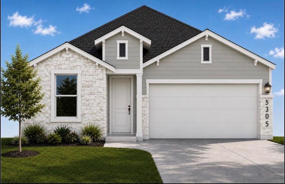 Textured stone accents and clean horizontal siding frame this contemporary single-story home facade. artist rendering, not actual home image Textured stone accents and clean horizontal siding frame this contemporary single-story home facade. artist rendering, not actual home image