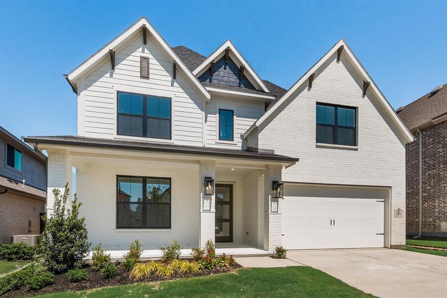 View of front facade featuring covered porch, a garage, brick siding, concrete driveway, and a shingled roof View of front facade featuring covered porch, a garage, brick siding, concrete driveway, and a shingled roof