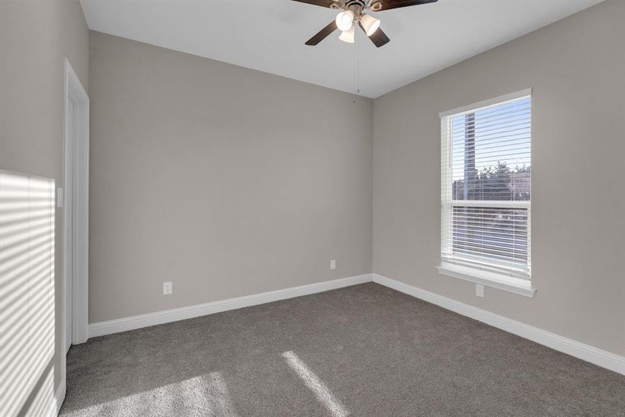 Bedroom featuring carpet and ceiling fan