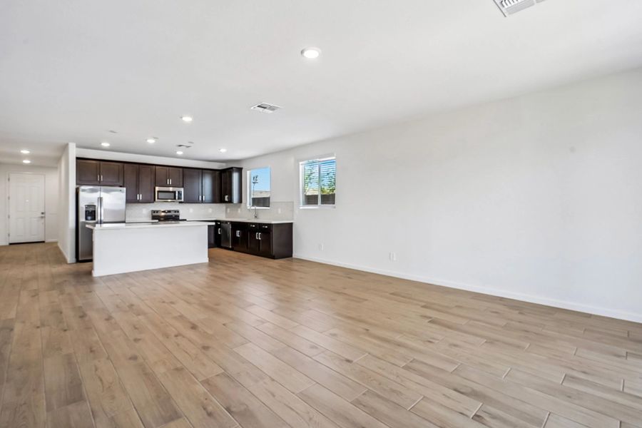 Great room, dining and kitchen