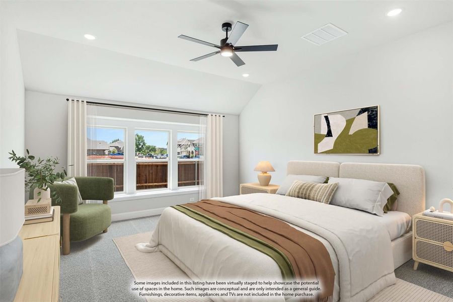 Bedroom with vaulted ceiling, ceiling fan, large windows, and neutral carpet flooring Bedroom with vaulted ceiling, ceiling fan, large windows, and neutral carpet flooring