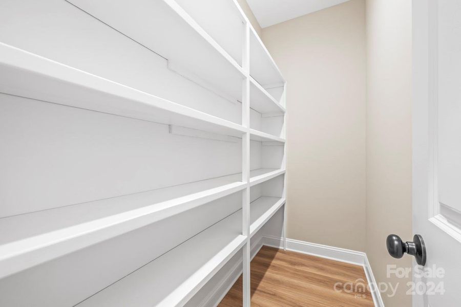 The large pantry features wood shelves, and room to stock up on those necessary supplies