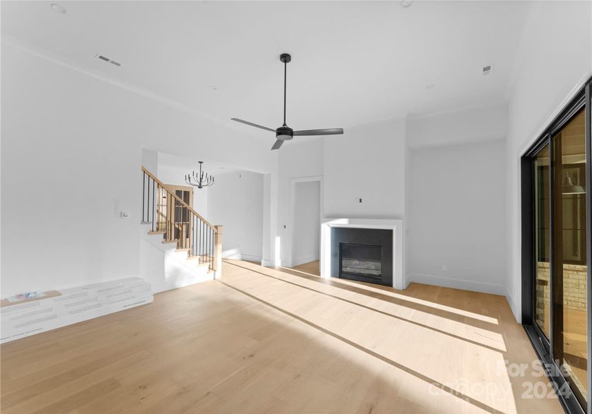 Great Room - 12 ft ceiling, fireplace, custom sliding door