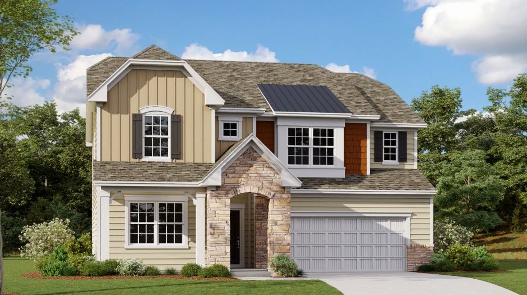 Front exterior of a new home in Redhawk, Belmont, NC, highlighting curb appeal (Image 1). Front exterior of a new home in Redhawk, Belmont, NC, highlighting curb appeal (Image 1).