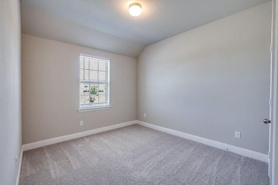Empty room with carpet, baseboards, and lofted ceiling