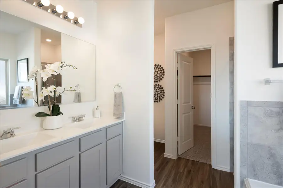 Bathroom featuring double vanity, a walk in closet, and dark wood-type flooring Bathroom featuring double vanity, a walk in closet, and dark wood-type flooring