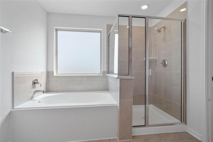 Another view of the primary bathroom featuring the walk-in shower and oversized garden tub.