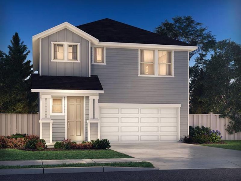 Front exterior of a new home in Turner's Crossing - Americana Collection, Buda, TX, highlighting curb appeal (Image 1). Front exterior of a new home in Turner's Crossing - Americana Collection, Buda, TX, highlighting curb appeal (Image 1).