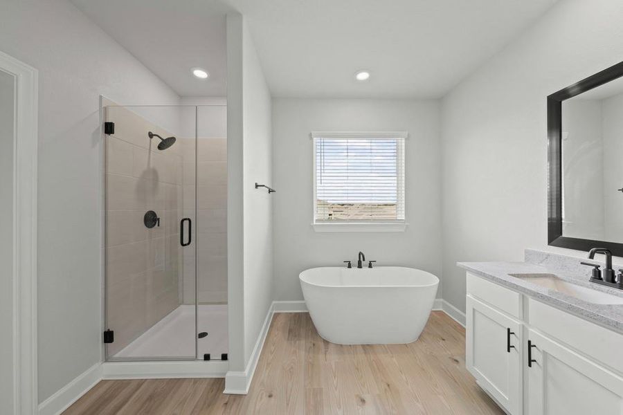 Master bathroom includes granite countertop, elongated mirror, and dual-vanity sinks. Relax in the large soaking tub or enjoy the spacious, standing shower.