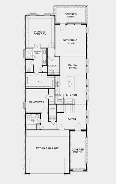 First Floor Plan - Additional Highlights Include: 36" wide contemporary front door, pre-wire pendant lights above kitchen island, open rails at staircase and game room, and gas line at patio