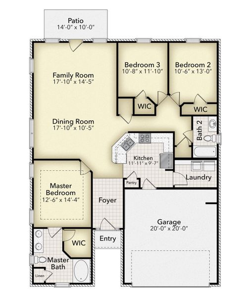 2D floor plan layout for the Plan 1530 by Adams Homes in Ridgeway Landing, Crestview, FL (Image 3).