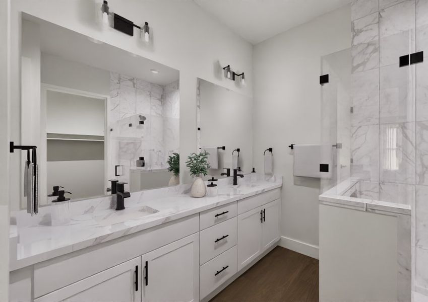 Modern bathroom with white marbled tiles and a sleek double vanity. Black fixtures complement a minimalist style; plant adds a touch of nature.
