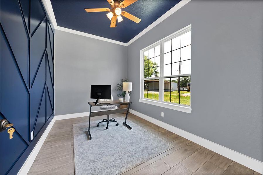 Room featuring a geometric accent wall, wood-finish flooring, a tray ceiling, and a multi-pane window