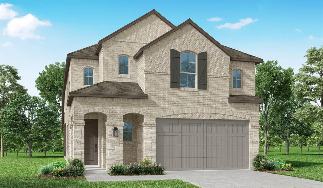 Front exterior of a new home in Santa Rita Ranch: 40-45ft. lots, Liberty Hill, TX, highlighting curb appeal (Image 1).