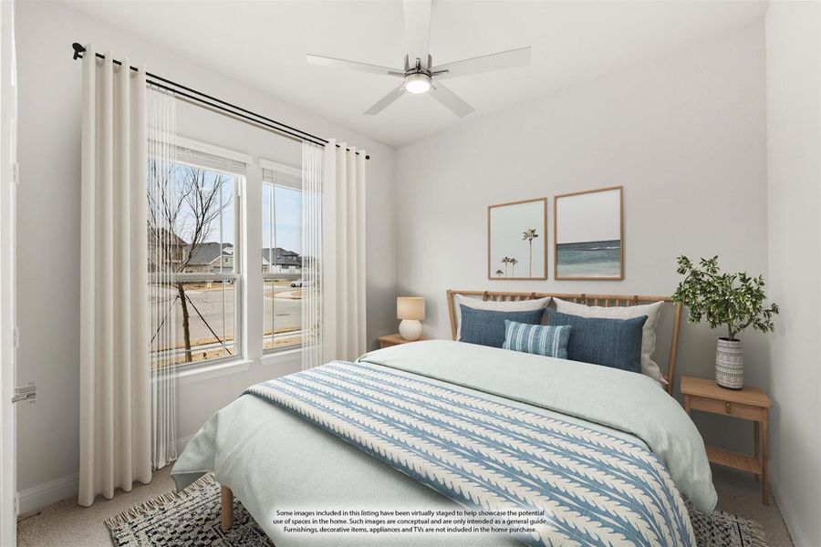 Bedroom with ceiling fan, large window, and queen bed with blue and white bedding Bedroom with ceiling fan, large window, and queen bed with blue and white bedding