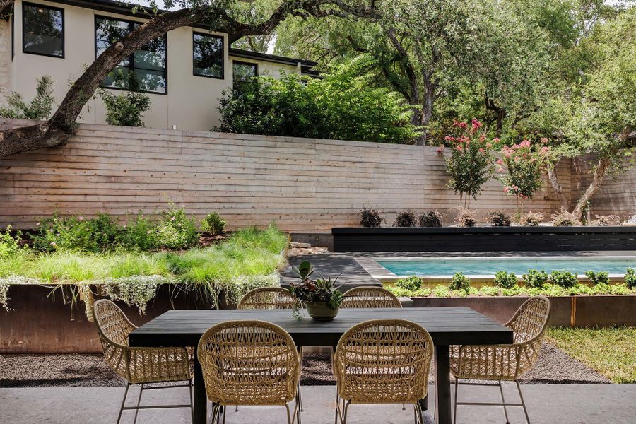 Fenced backyard featuring outdoor dining area and a patio Fenced backyard featuring outdoor dining area and a patio